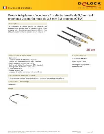 DeLOCK 66740 Headset Adapter 1 x 3.5 mm 4 pin Stereo jack female to 2 x 3.5 mm 3 pin Stereo jack male (CTIA) Fiche technique | Fixfr