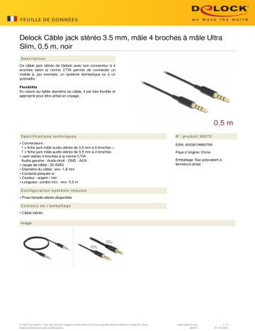 DeLOCK 66075 Stereo Jack Cable 3.5 mm 4 pin male to male Ultra Slim 0.5 m black Fiche technique | Fixfr