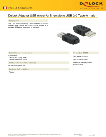 DeLOCK 65029 Adapter USB micro-A+B female to USB 2.0 Type-A male Fiche technique | Fixfr