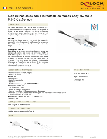 DeLOCK 81361 Easy 45 Module Network Retractable Cable RJ45 Cat.5e black Fiche technique | Fixfr