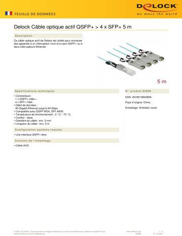 DeLOCK 84069 Active Optical Cable QSFP+ to 4 x SFP+ 5 m Fiche technique | Fixfr