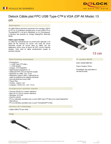 DeLOCK 86730 FPC Flat Ribbon Cable USB Type-C™ to VGA (DP Alt Mode) 13 cm Fiche technique | Fixfr