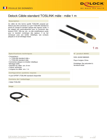 DeLOCK 86592 TOSLINK Standard Cable male - male 1 m Fiche technique | Fixfr