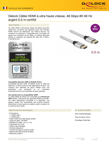 DeLOCK 85365 Ultra High Speed HDMI Cable 48 Gbps 8K 60 Hz silver 0.5 m certified Fiche technique | Fixfr