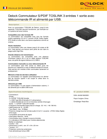 DeLOCK 63395 S/PDIF TOSLINK Switch 3 In 1 Out Fiche technique | Fixfr