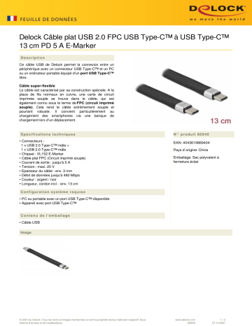 DeLOCK 86940 USB 2.0 FPC Flat Ribbon Cable USB Type-C™ to USB Type-C™ 13 cm PD 5 A E-Marker Fiche technique | Fixfr