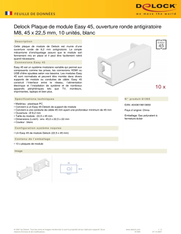 DeLOCK 81365 Easy 45 Module Plate Round cut-out M8 Anti-twist, 45 x 22.5 mm 10 pieces white Fiche technique | Fixfr