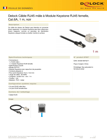 DeLOCK 87027 Cable RJ45 plug to Keystone Module RJ45 jack Cat.6A 1 m black Fiche technique | Fixfr