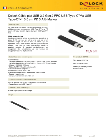 DeLOCK 85770 USB 3.2 Gen 2 FPC Flat Ribbon Cable USB Type-C™ to USB Type-C™ 13.5 cm PD 3 A E-Marker Fiche technique | Fixfr