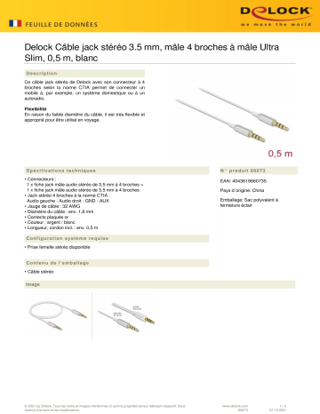 DeLOCK 66073 Stereo Jack Cable 3.5 mm 4 pin male to male Ultra Slim 0.5 m white  Fiche technique | Fixfr