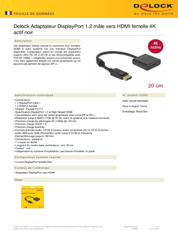 DeLOCK 63585 Adapter DisplayPort 1.2 male to HDMI female 4K Active black Fiche technique | Fixfr