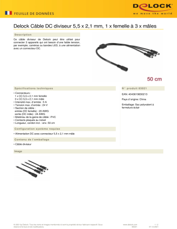 DeLOCK 83021 Cable DC Splitter 5.5 x 2.1 mm 1 x female to 3 x male Fiche technique | Fixfr