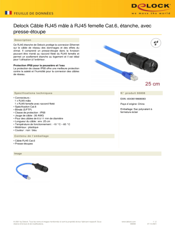 DeLOCK 66808 Cable RJ45 plug to RJ45 jack Cat.6 waterproof Fiche technique | Fixfr