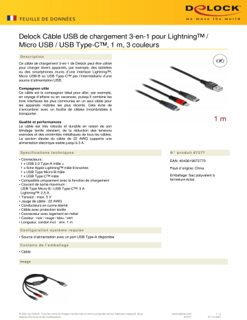 DeLOCK 87277 USB Charging Cable 3 in 1 for Lightning™ / Micro USB / USB Type-C™ 1 m 3-coloured Fiche technique | Fixfr