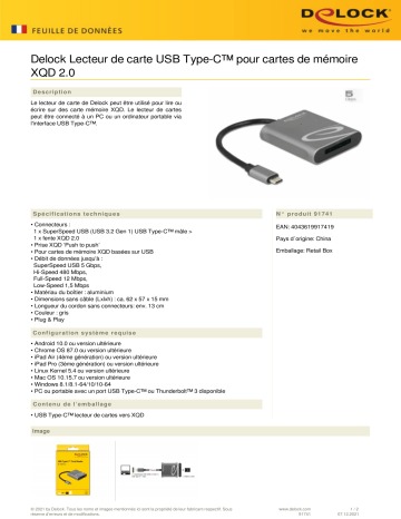 DeLOCK 91741 USB Type-C™ Card Reader for XQD 2.0 memory cards Fiche technique | Fixfr