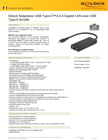 DeLOCK 63826 USB Type-C™ Adapter to 2.5 Gigabit LAN Fiche technique | Fixfr