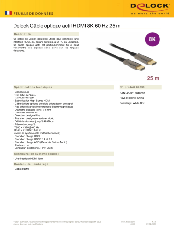 DeLOCK 84039 Active Optical Cable HDMI 8K 60 Hz 25 m Fiche technique | Fixfr
