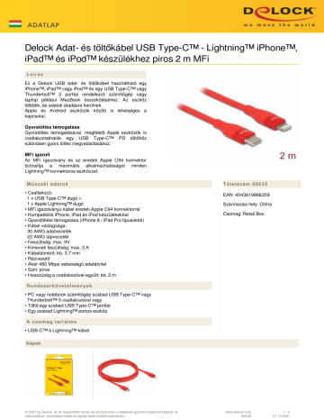 DeLOCK 86635 Data and charging cable USB Type-C™ to Lightning™ for iPhone™, iPad™ and iPod™ red 2 m MFi Fiche technique | Fixfr