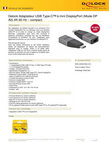 DeLOCK 64121 USB Type-C™ Adapter to mini DisplayPort (DP Alt Mode) 4K 60 Hz – compact design Fiche technique | Fixfr