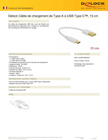 DeLOCK 85355 USB Charging Cable Type-A to USB Type-C™ 15 cm Fiche technique | Fixfr