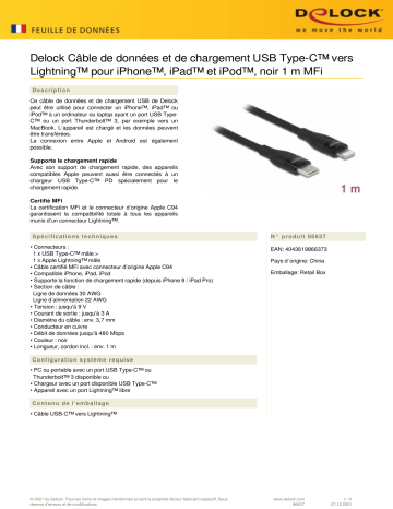 DeLOCK 86637 Data and charging cable USB Type-C™ to Lightning™ for iPhone™, iPad™ and iPod™ black 1 m MFi Fiche technique | Fixfr