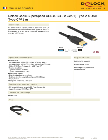 DeLOCK 84006 SuperSpeed USB (USB 3.2 Gen 1) Cable Type-A to USB Type-C™ 3 m Fiche technique | Fixfr