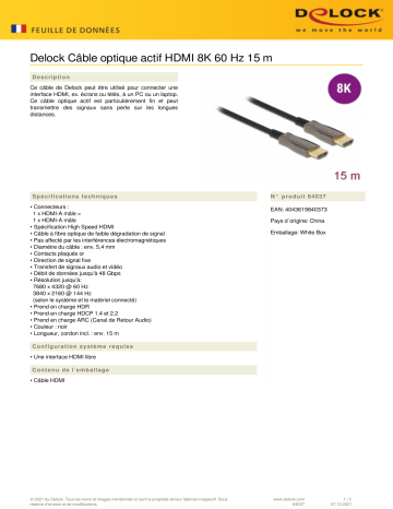 DeLOCK 84037 Active Optical Cable HDMI 8K 60 Hz 15 m Fiche technique | Fixfr