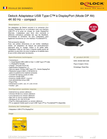DeLOCK 64120 USB Type-C™ Adapter to DisplayPort (DP Alt Mode) 4K 60 Hz – compact design Fiche technique | Fixfr