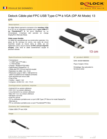 DeLOCK 86935 FPC Flat Ribbon Cable USB Type-C™ to VGA (DP Alt Mode) 13 cm Fiche technique | Fixfr