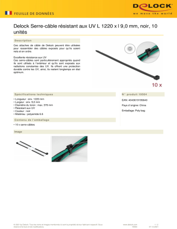 DeLOCK 19564 Cable tie UV-resistant L 1220 x W 9.0 mm black 10 pieces Fiche technique | Fixfr