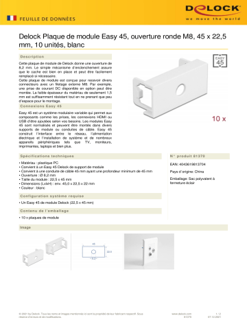 DeLOCK 81370 Easy 45 Module Plate Round cut-out M8, 45 x 22.5 mm 10 pieces white Fiche technique | Fixfr