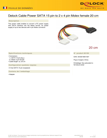 DeLOCK 65159 Cable Power SATA 15 pin to 2 x 4 pin Molex female 20 cm Fiche technique | Fixfr