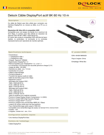 DeLOCK 85502 Active DisplayPort Cable 8K 60 Hz 10 m Fiche technique | Fixfr