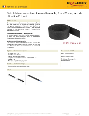 DeLOCK 20794 Fabric heat shrink tube 2 m x 20 mm shrinkage ratio 2:1 black Fiche technique | Fixfr