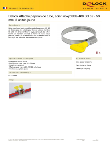 DeLOCK 19517 Butterfly Hose Clamp stainless steel 400 SS 32 - 50 mm 5 pieces yellow Fiche technique | Fixfr