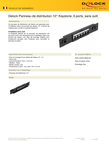 DeLOCK 66819 10″ Keystone Patch Panel 6 Port tool free Fiche technique | Fixfr