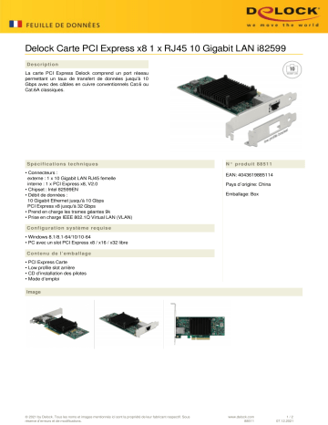 DeLOCK 88511 PCI Express x8 Card 1 x RJ45 10 Gigabit LAN i82599 Fiche technique | Fixfr