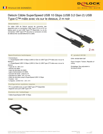 DeLOCK 84138 Cable SuperSpeed USB 10 Gbps (USB 3.2 Gen 2) USB Type-C™ male > USB Type-C™ male Fiche technique | Fixfr