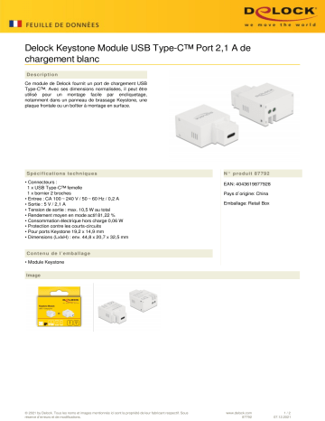 DeLOCK 87792 Keystone Module USB Type-C™ Charging Port 2.1 A white Fiche technique | Fixfr