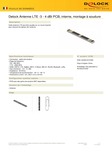 DeLOCK 12709 LTE Antenna -3 - 4 dBi PCB internal solder mounting Fiche technique | Fixfr