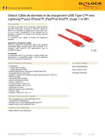 DeLOCK 86634 Data and charging cable USB Type-C™ to Lightning™ for iPhone™, iPad™ and iPod™ red 1 m MFi Fiche technique | Fixfr