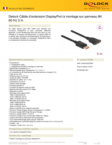 DeLOCK 87098 DisplayPort extension cable panel-mount 8K 60 Hz 3 m Fiche technique | Fixfr