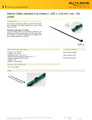 DeLOCK 19555 Cable tie heat resistant L 200 x W 4.8 mm black 100 pieces Fiche technique | Fixfr