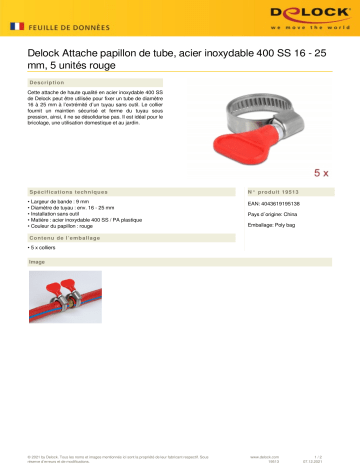 DeLOCK 19513 Butterfly Hose Clamp stainless steel 400 SS 16 - 25 mm 5 pieces red Fiche technique | Fixfr