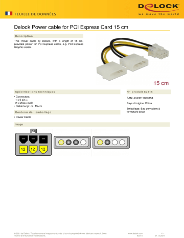 DeLOCK 82315 Power cable for PCI Express Card 15 cm Fiche technique | Fixfr