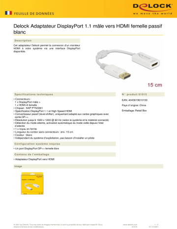 DeLOCK 61015 Adapter DisplayPort 1.1 male to HDMI female Passive white Fiche technique | Fixfr