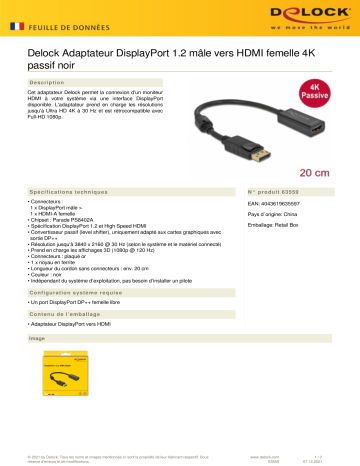DeLOCK 63559 Adapter DisplayPort 1.2 male to HDMI female 4K Passive black Fiche technique | Fixfr