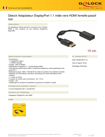 DeLOCK 61011 Adapter DisplayPort 1.1 male to HDMI female Passive black Fiche technique | Fixfr
