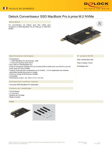 DeLOCK 64139 Converter MacBook Pro SSD to M.2 NVMe Slot Fiche technique | Fixfr