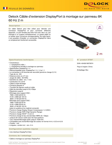 DeLOCK 87097 DisplayPort extension cable panel-mount 8K 60 Hz 2 m Fiche technique | Fixfr